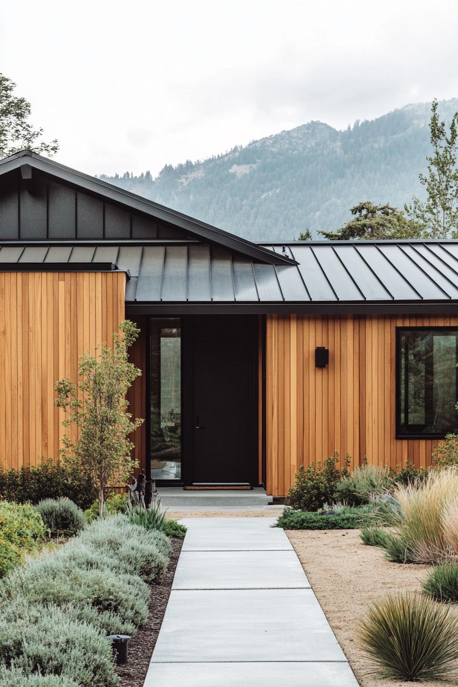 Small wooden house with a modern metal roof, nestled in the mountains