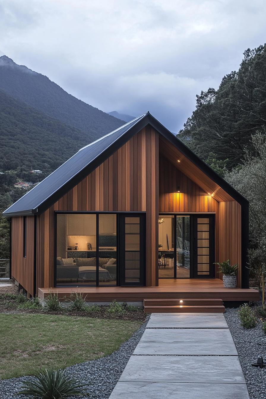 Compact wooden cabin with large glass doors nestled in the mountains