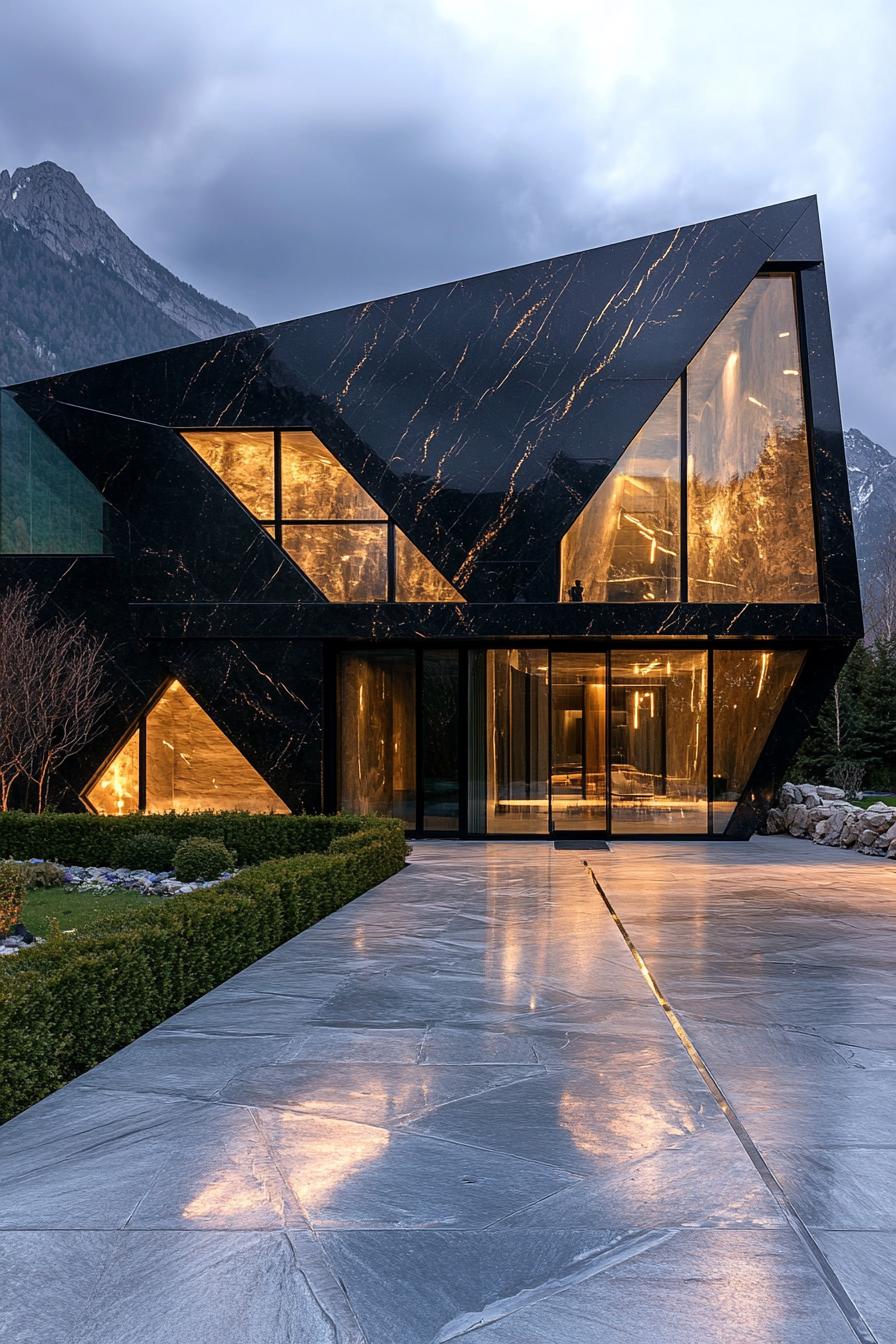 A sleek modern house with geometric design and glowing interior