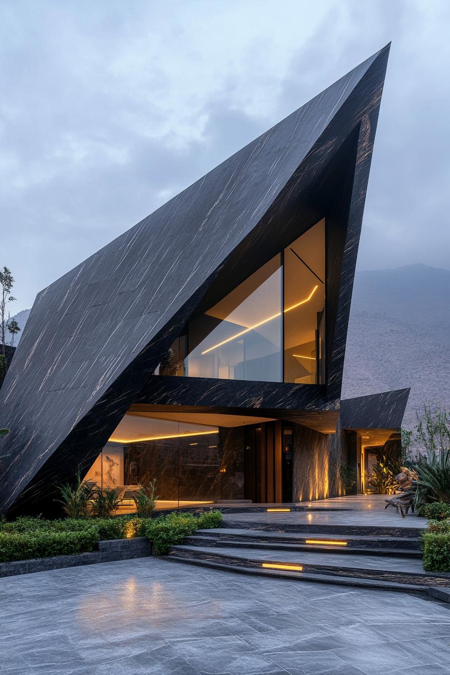 Sharp-angled modern house with large glass windows and dark stone exterior