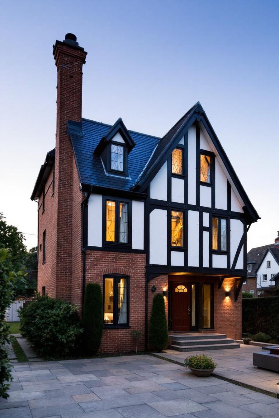 Charming Tudor-style cottage at dusk with lit windows