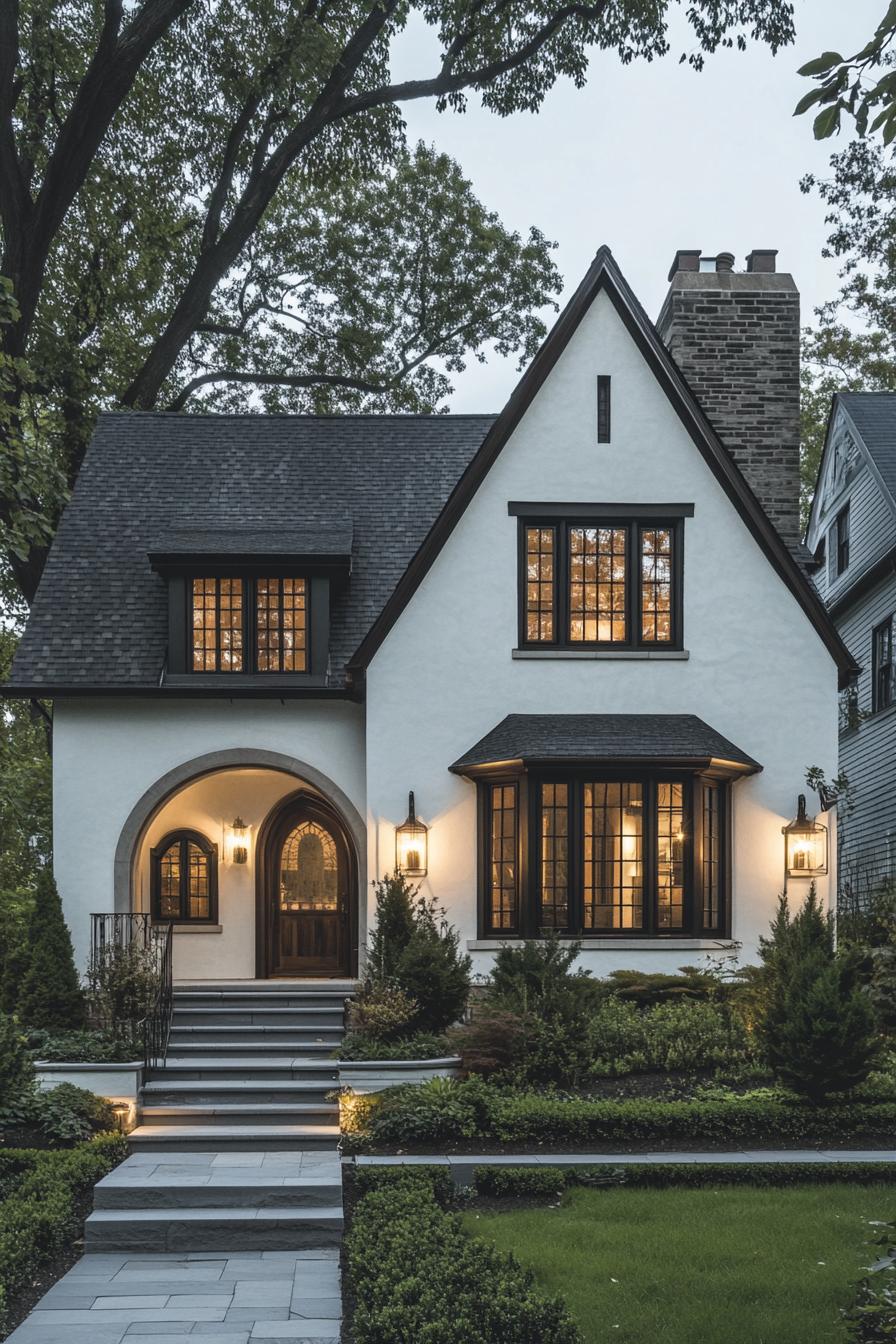 Charming Tudor cottage with arched door and glowing windows