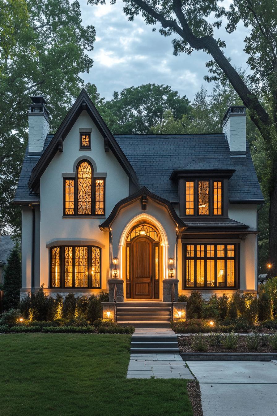 Cozy Tudor cottage with glowing windows and ornate gables