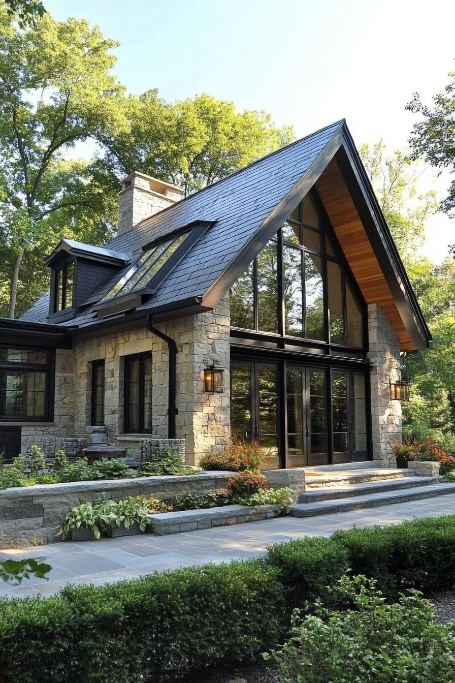 Modern stone cottage with large windows and slate roof