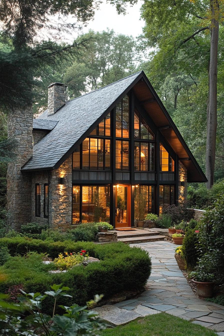 Cozy stone cottage with a large glass facade