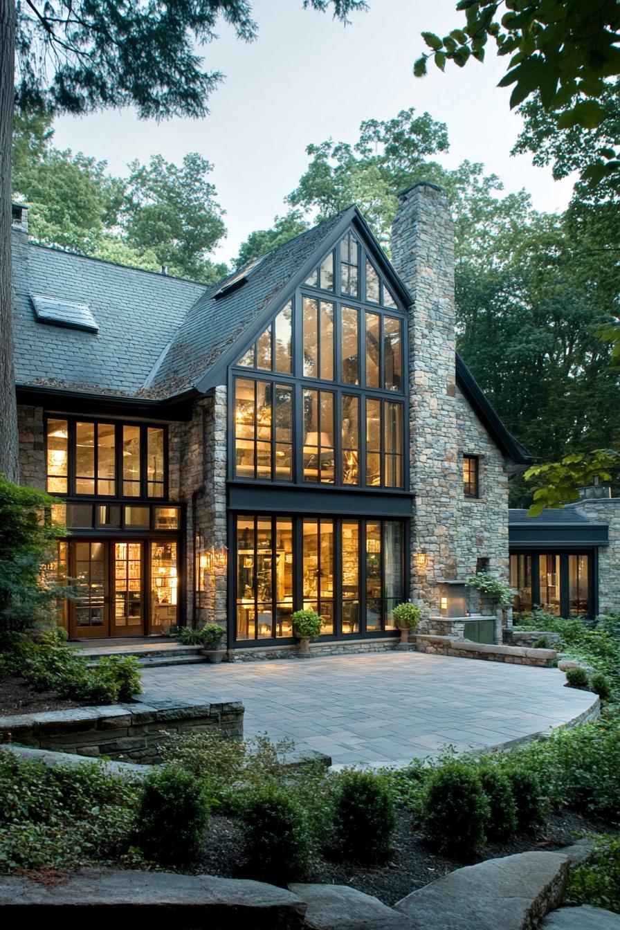 Charming stone cottage with large windows and cozy outdoor patio