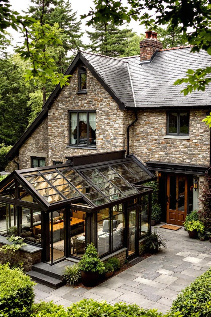 Stone cottage with a glass conservatory surrounded by lush greenery