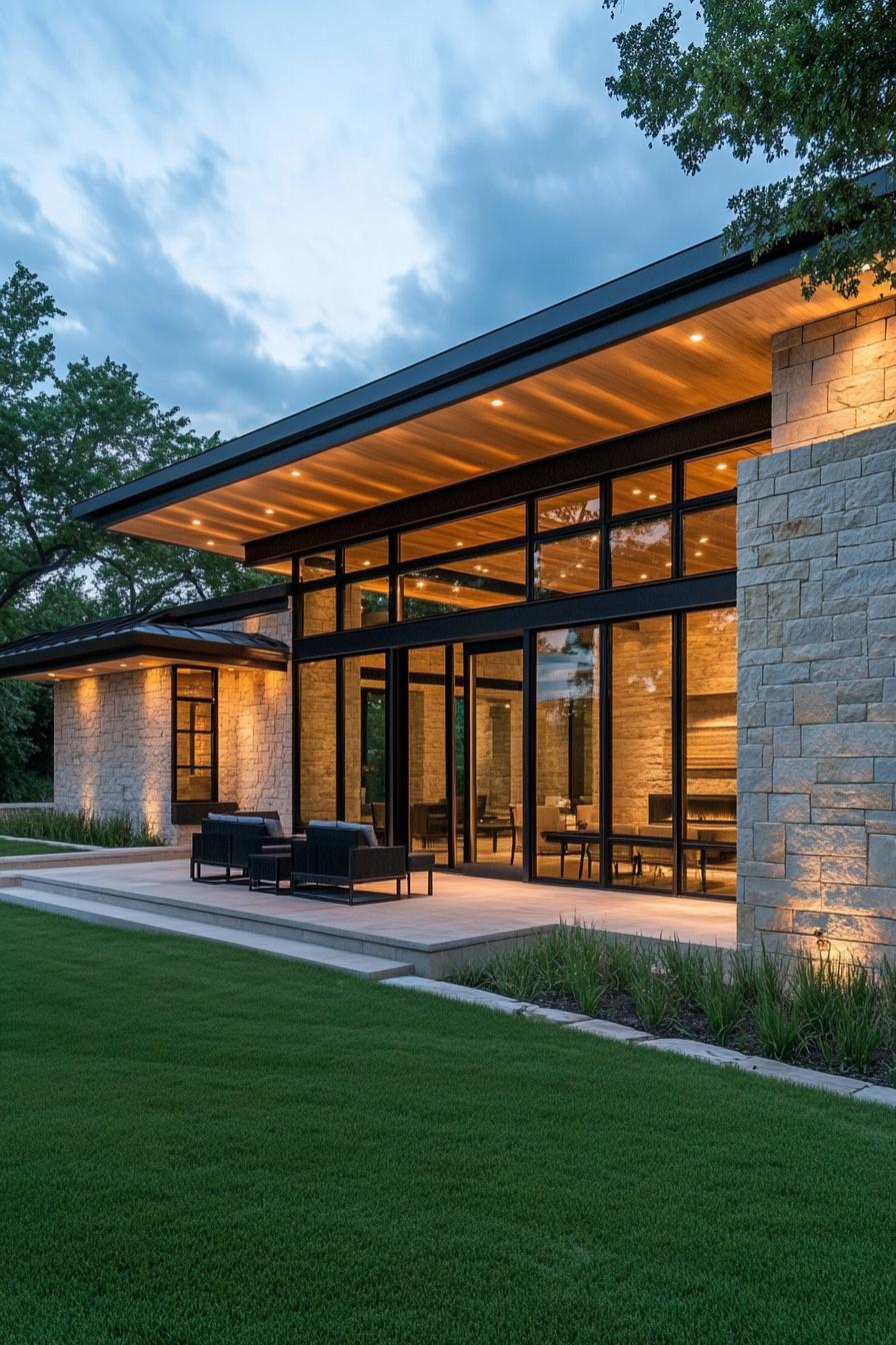 Modern home with large windows and glowing lights at dusk