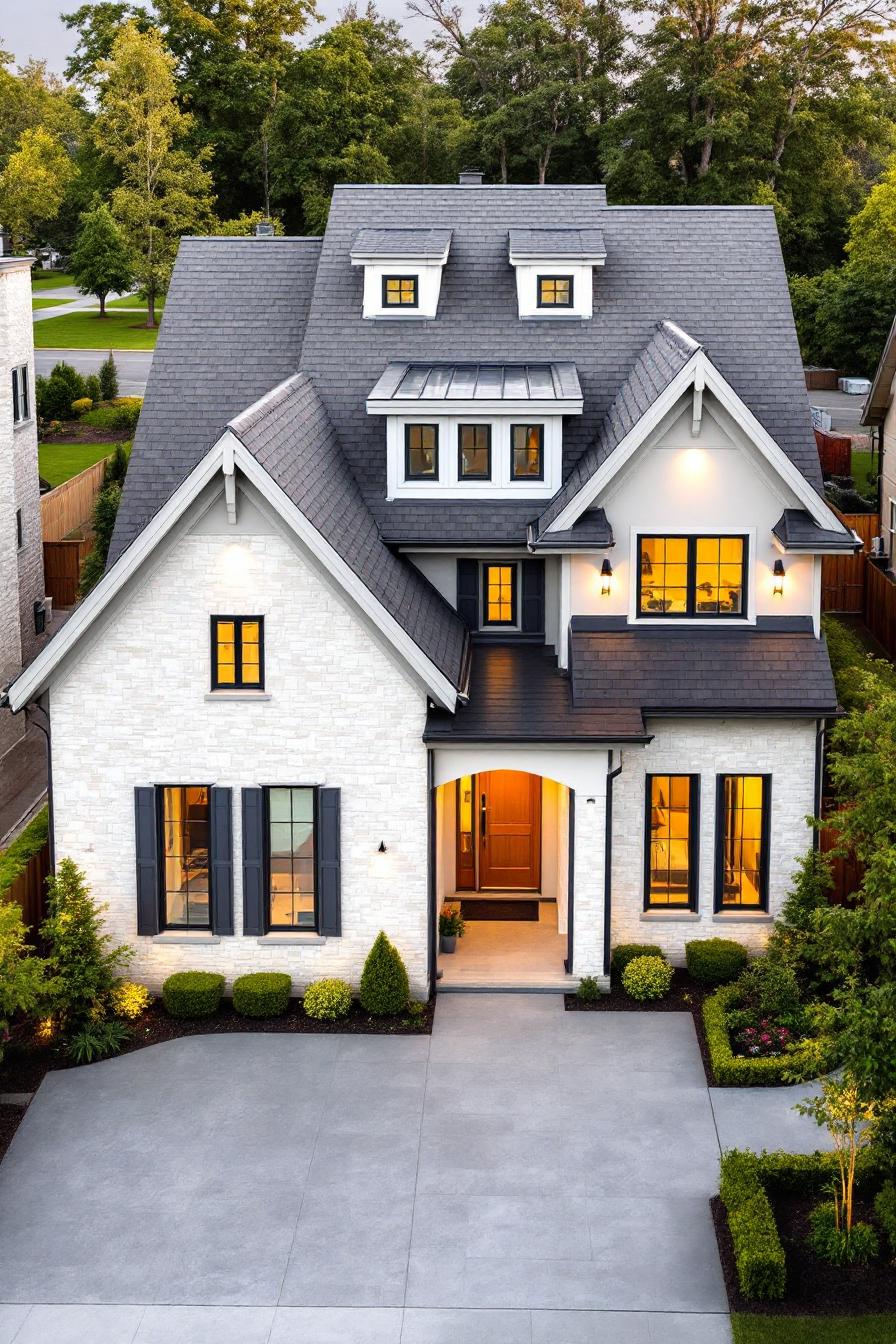 Two-story house with dark roof and illuminated windows