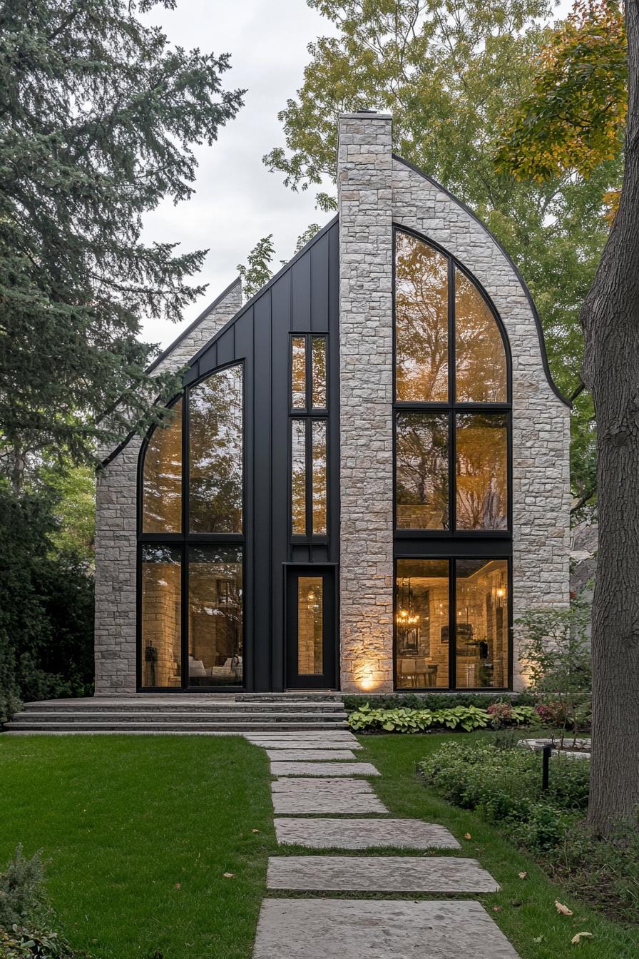 A modern stone cottage with large glass panels