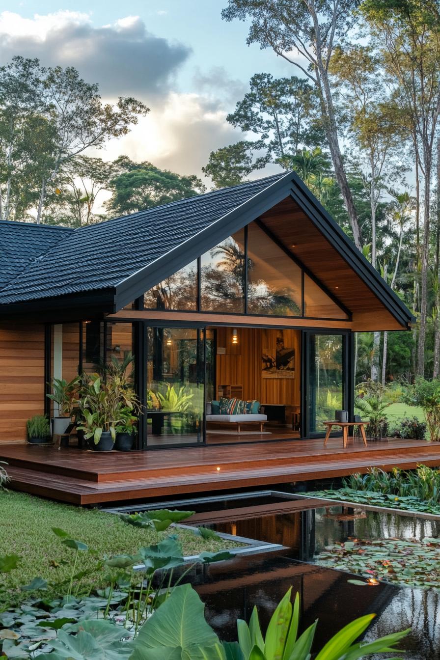 Modern wooden cottage with large glass windows, nestled beside a lily pond