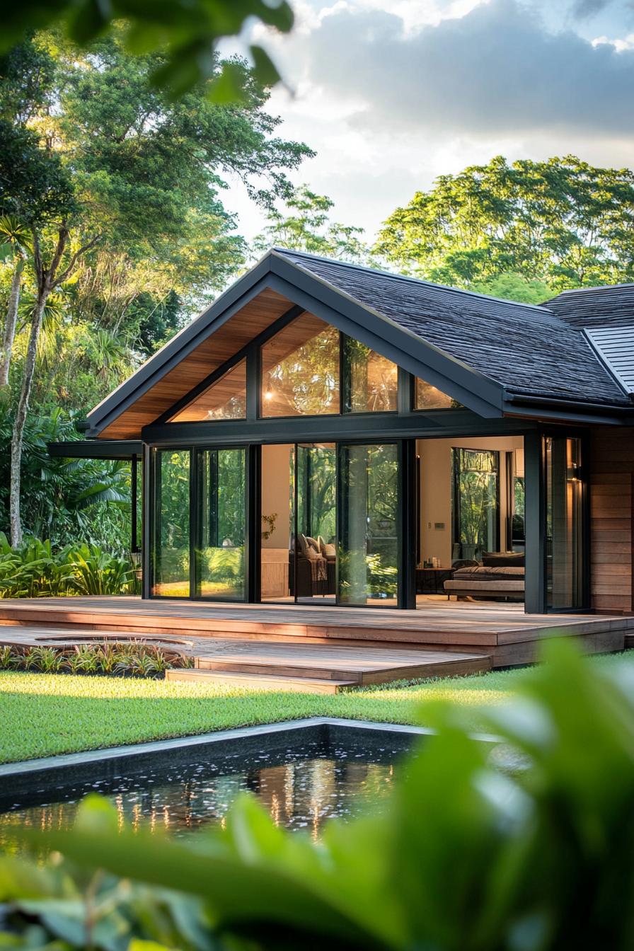 A-frame cabin with glass frontage in a lush setting