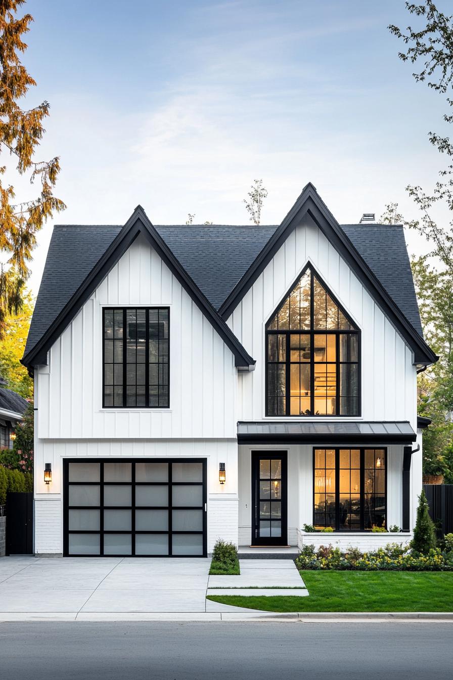 White house with black highlights and frosted garage door