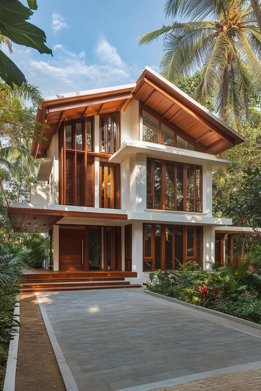 Modern Kerala house with wooden accents surrounded by lush greenery