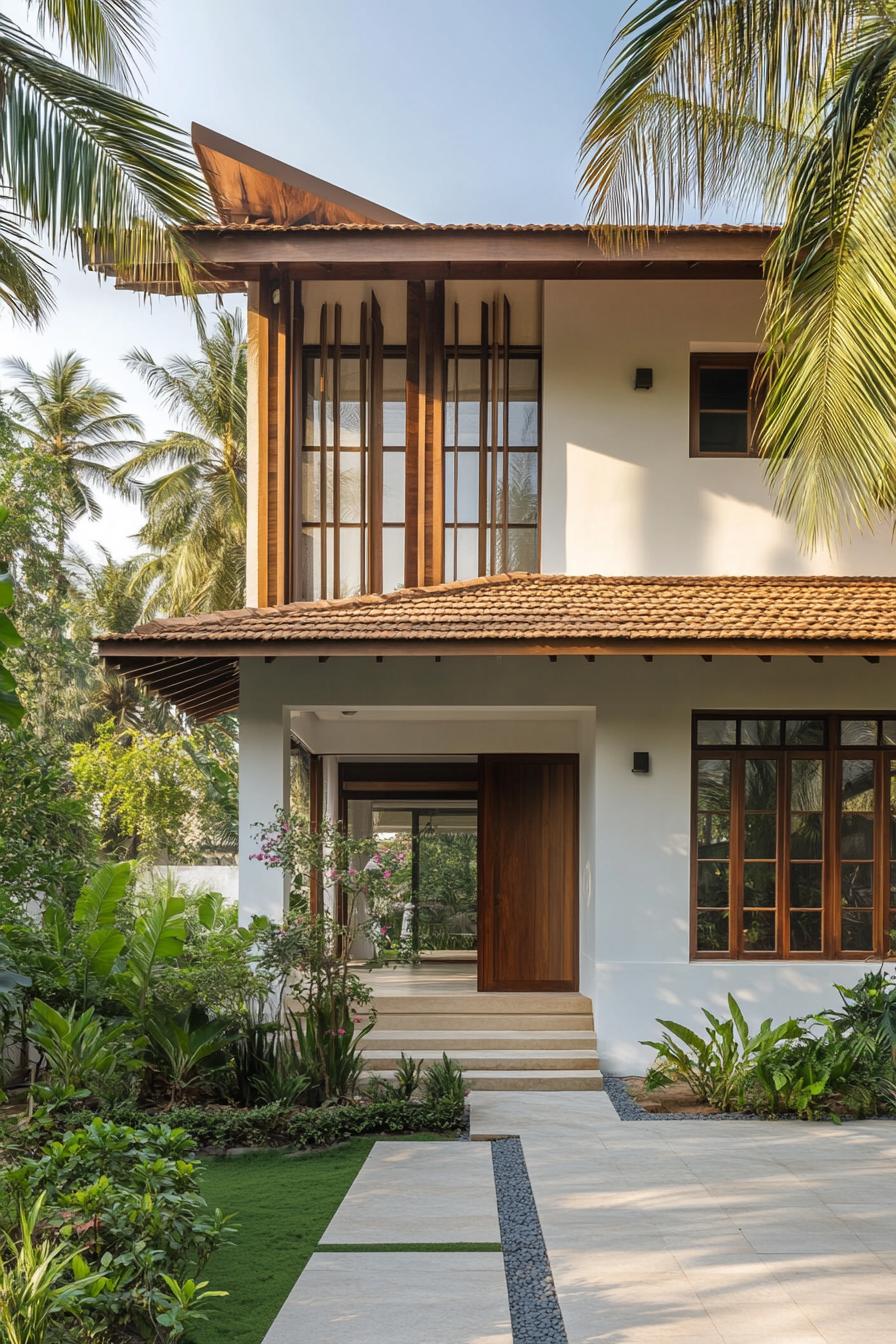 Kerala house with wooden accents surrounded by lush greenery