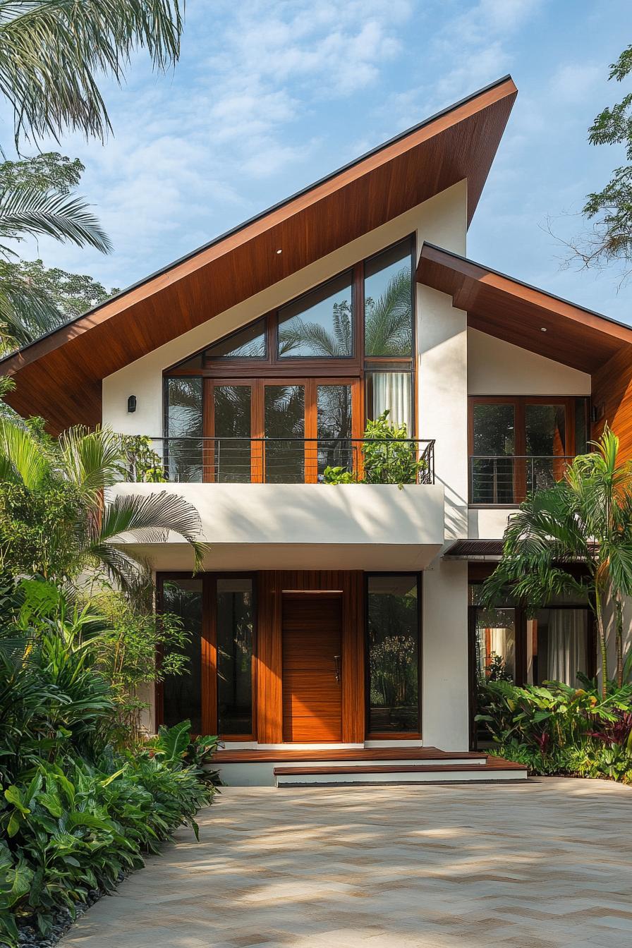 Modern Kerala house with sloped wooden roof and lush garden