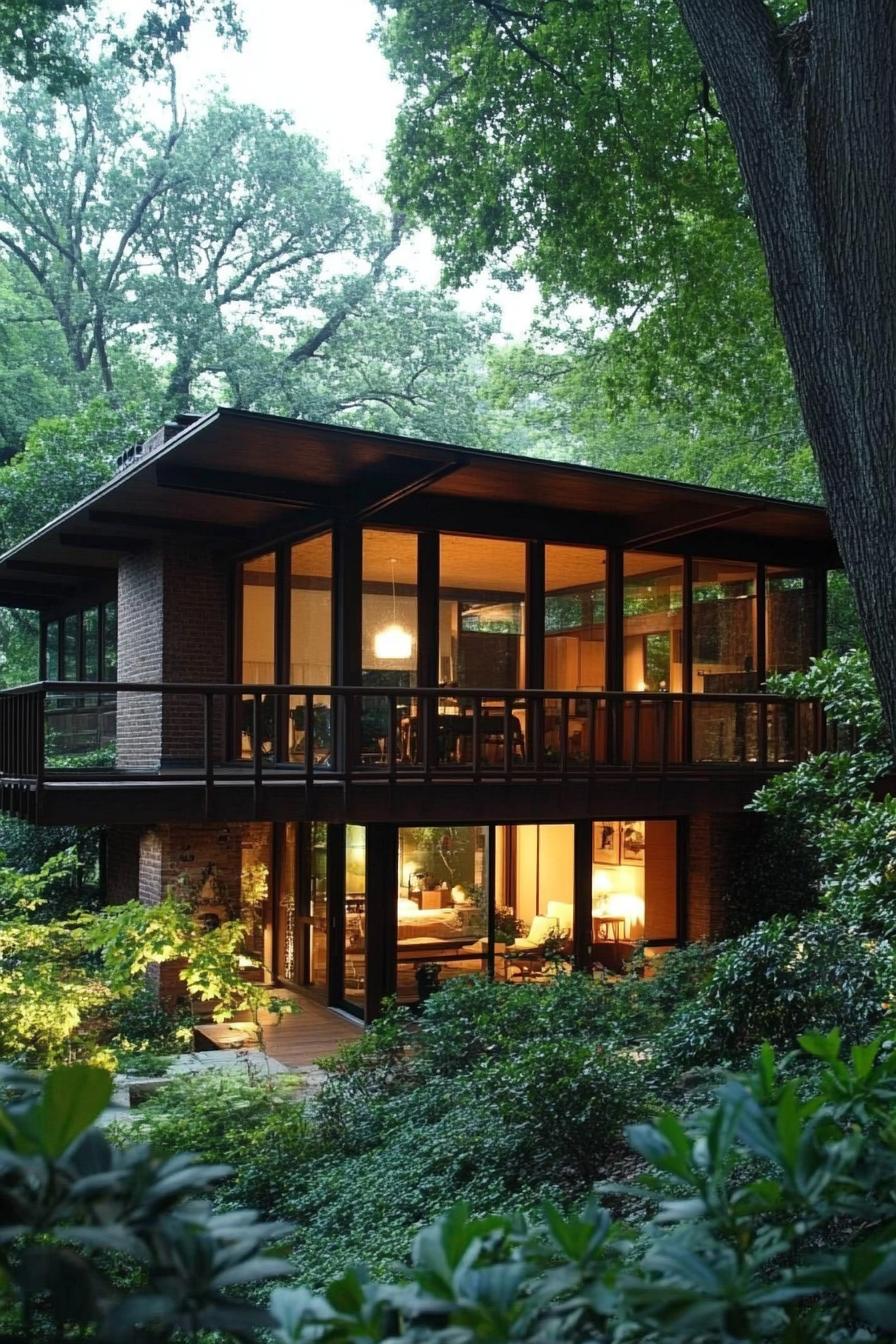 Modern mid-century house nestled in lush green forest