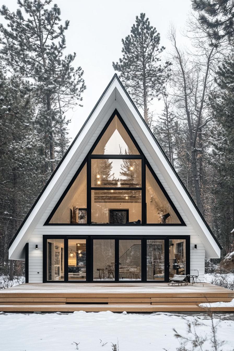 A-frame house with large windows in a snowy forest