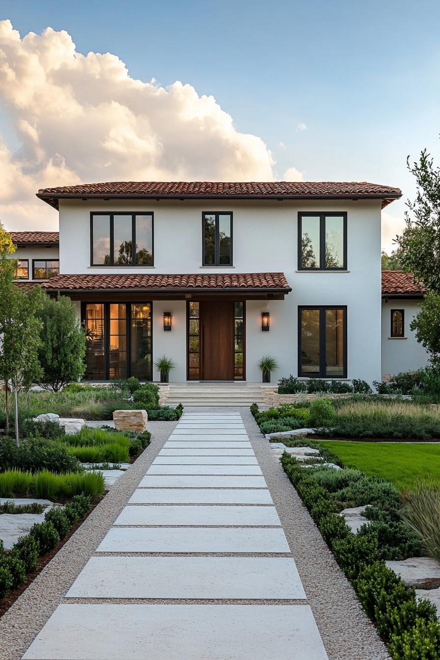 Modern villa with terracotta roof and lush garden