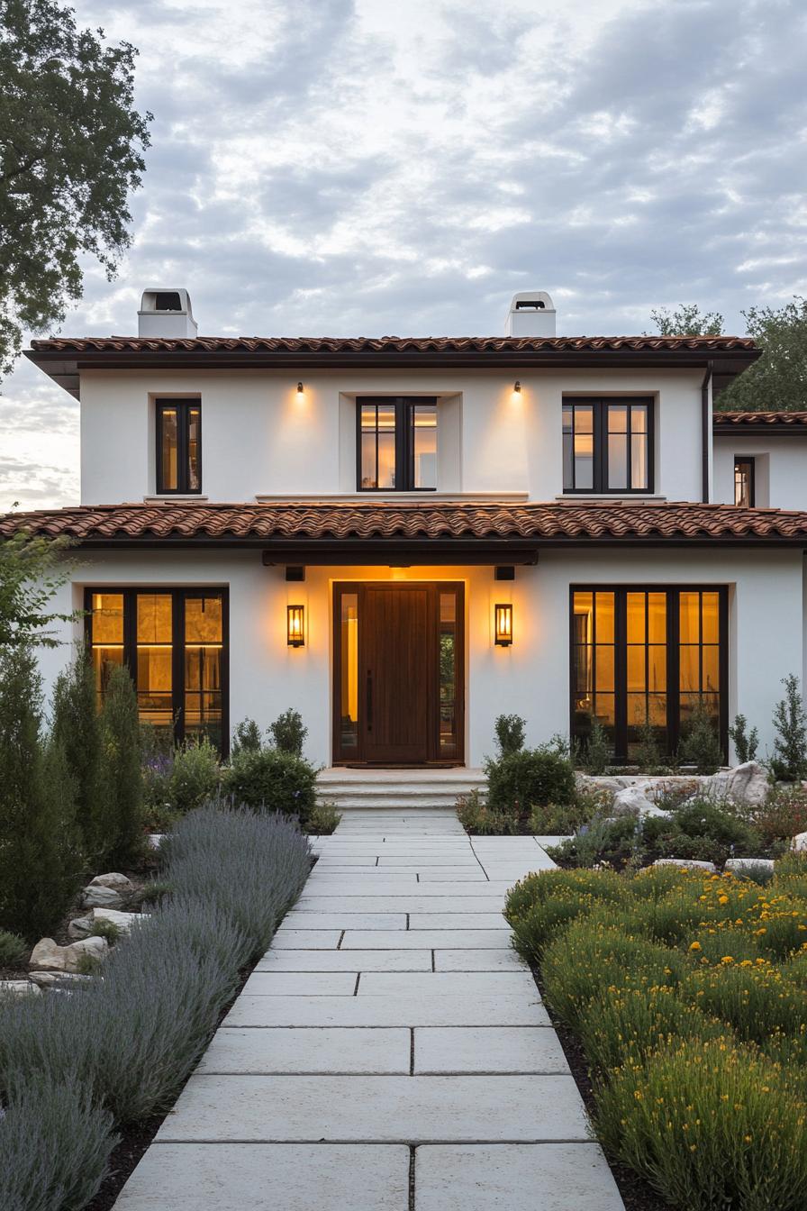 Modern villa with terracotta roof and warm lighting