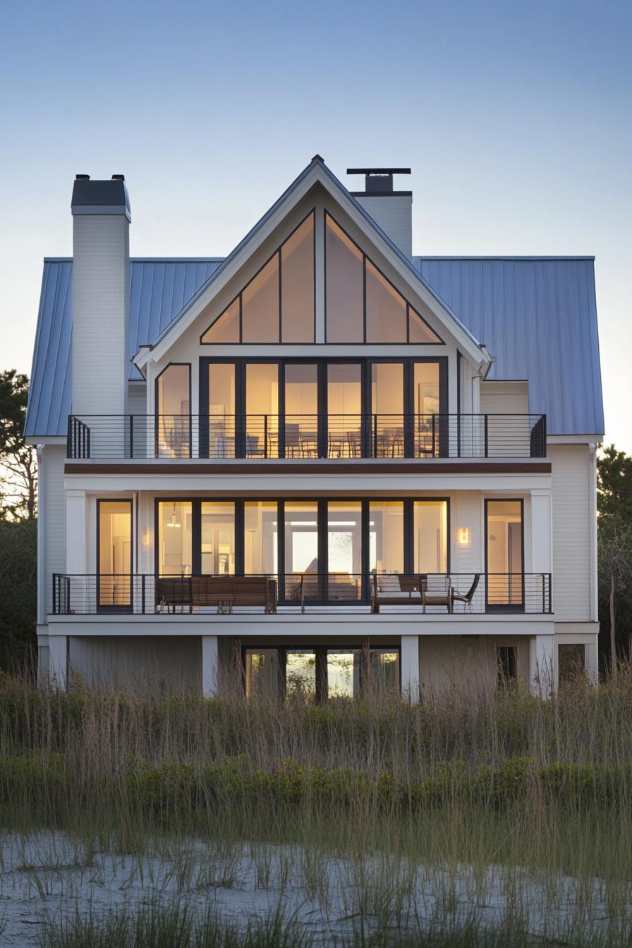 Modern coastal house with expansive glass windows at dusk