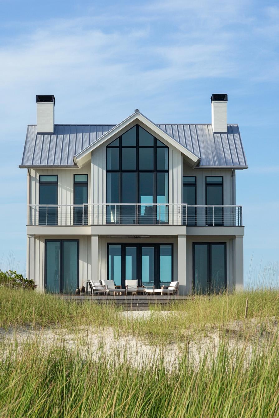 Contemporary coastal house with large windows and metal roof