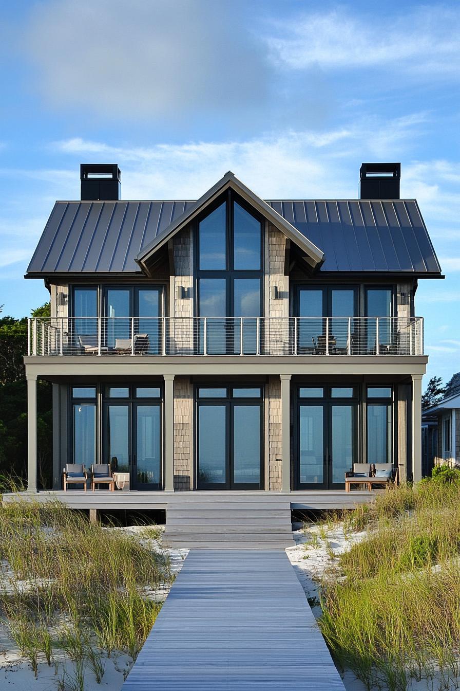 Two-story house with large windows and a metal roof on a beachfront