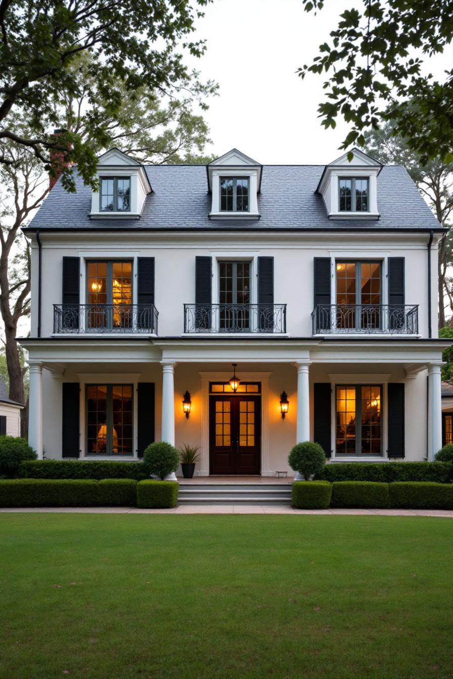 Elegant Southern home with black shutters and welcoming porch