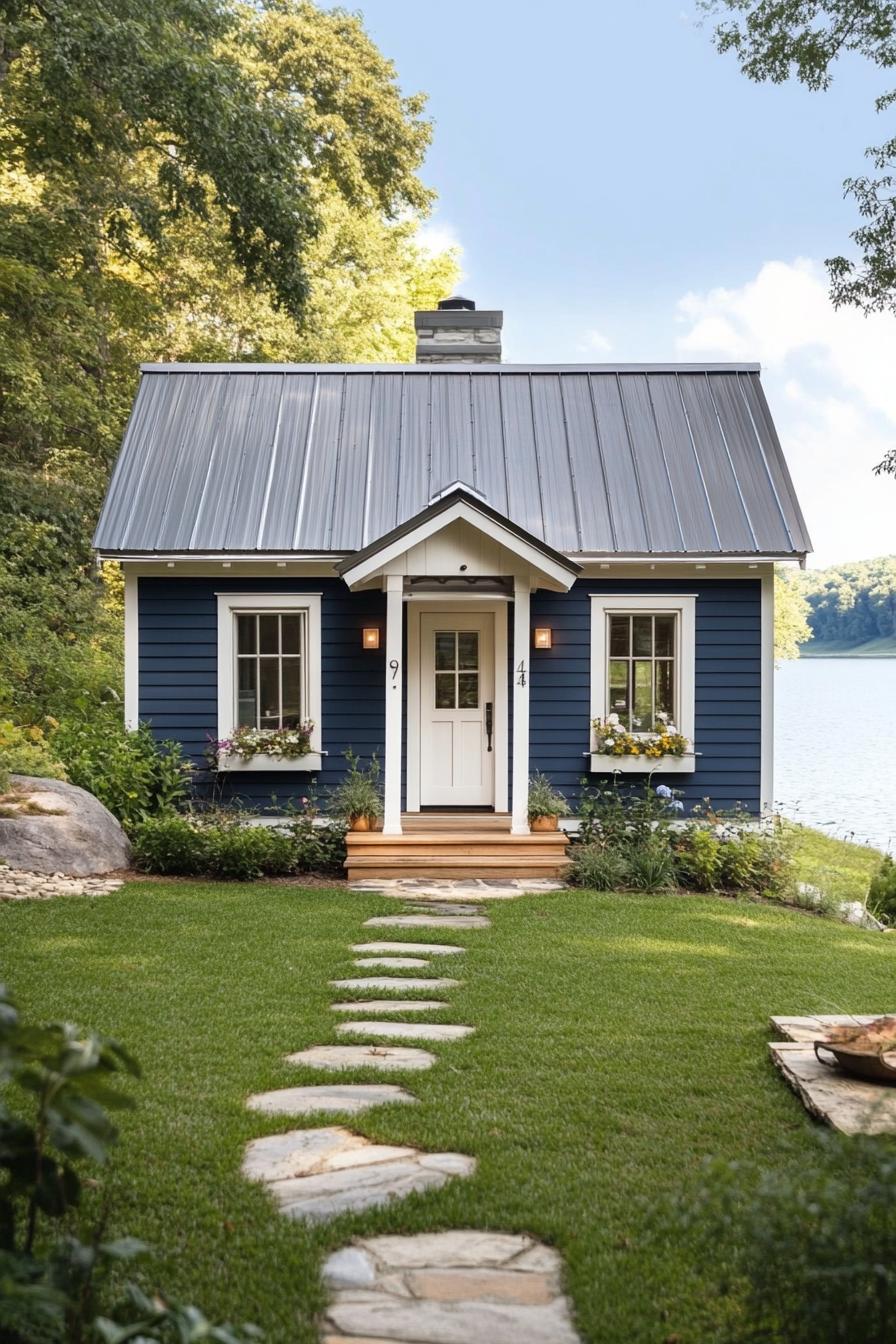 Tiny blue house with stone path and lake view