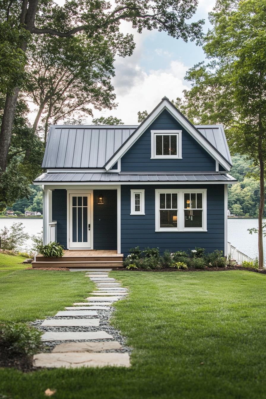 Charming tiny house with a navy exterior by the lake