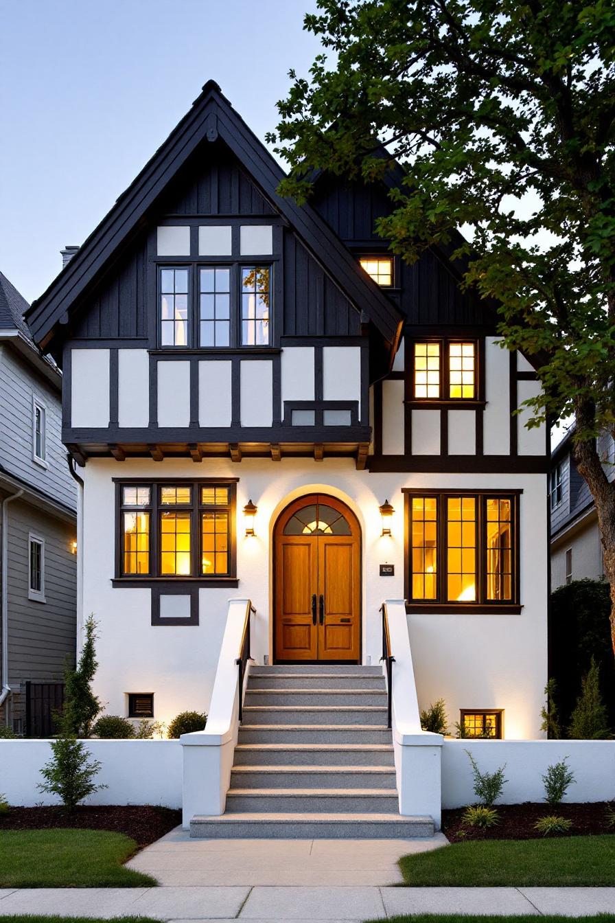 Charming Tudor house with warm lighting and wooden accents