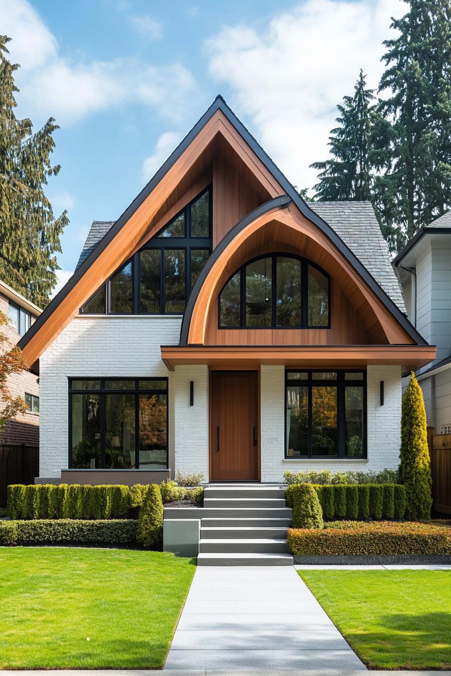 A contemporary home with steep gables and sharp lines