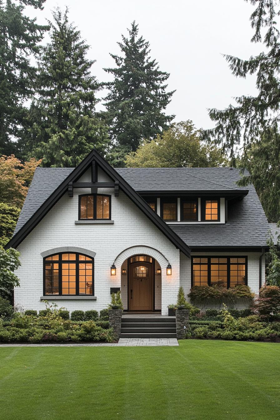 Charming white Tudor cottage with arched door and lush greenery