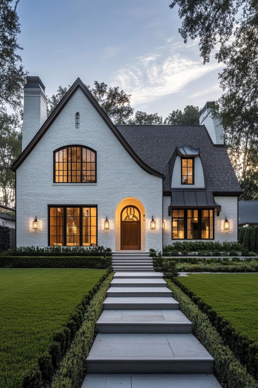 Charming Tudor-style cottage with a welcoming pathway and elegant windows