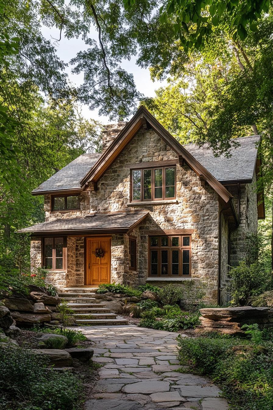 Charming stone cottage with wooden door, surrounded by lush greenery