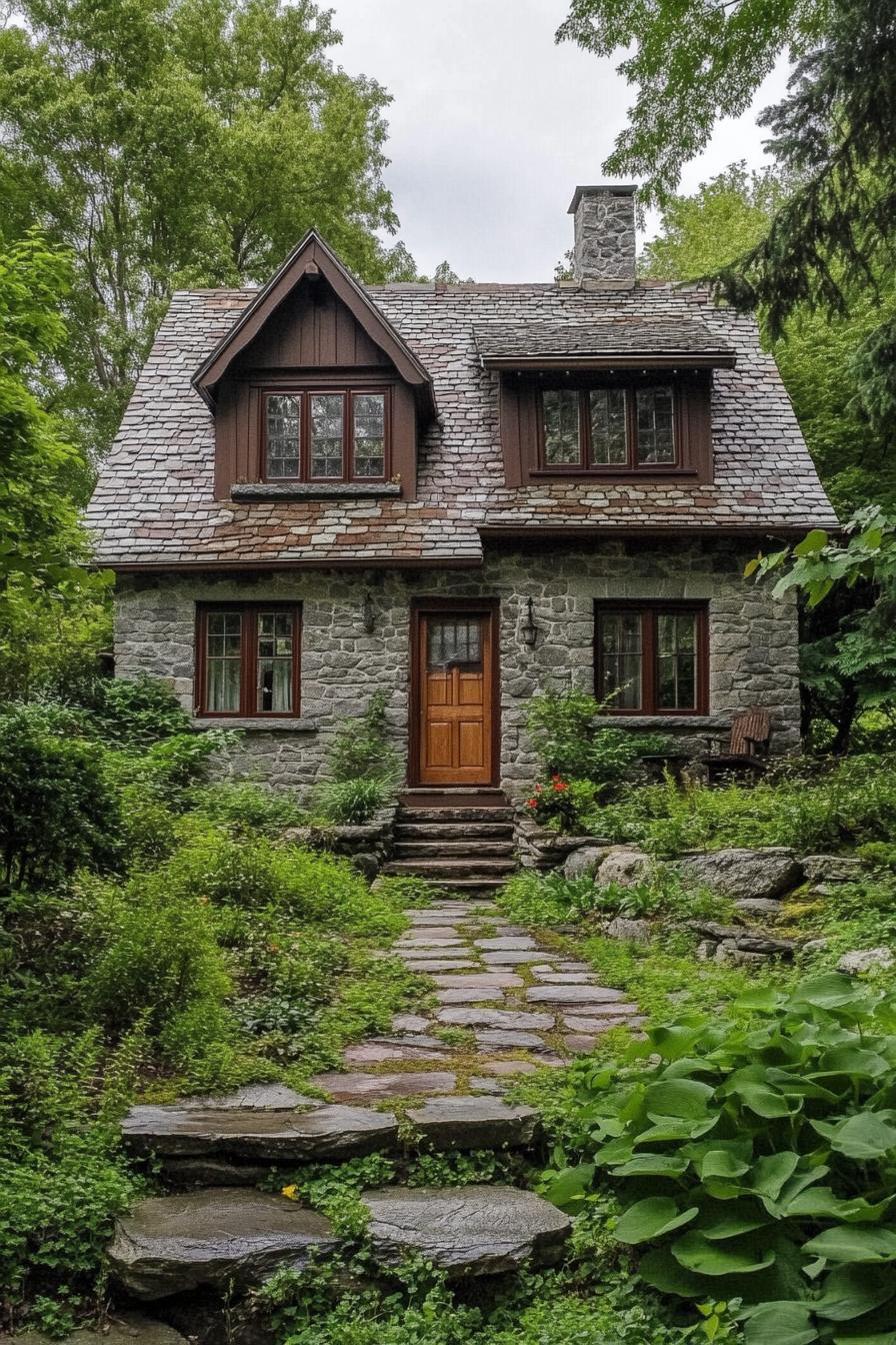 Charming stone cottage nestled among lush greenery