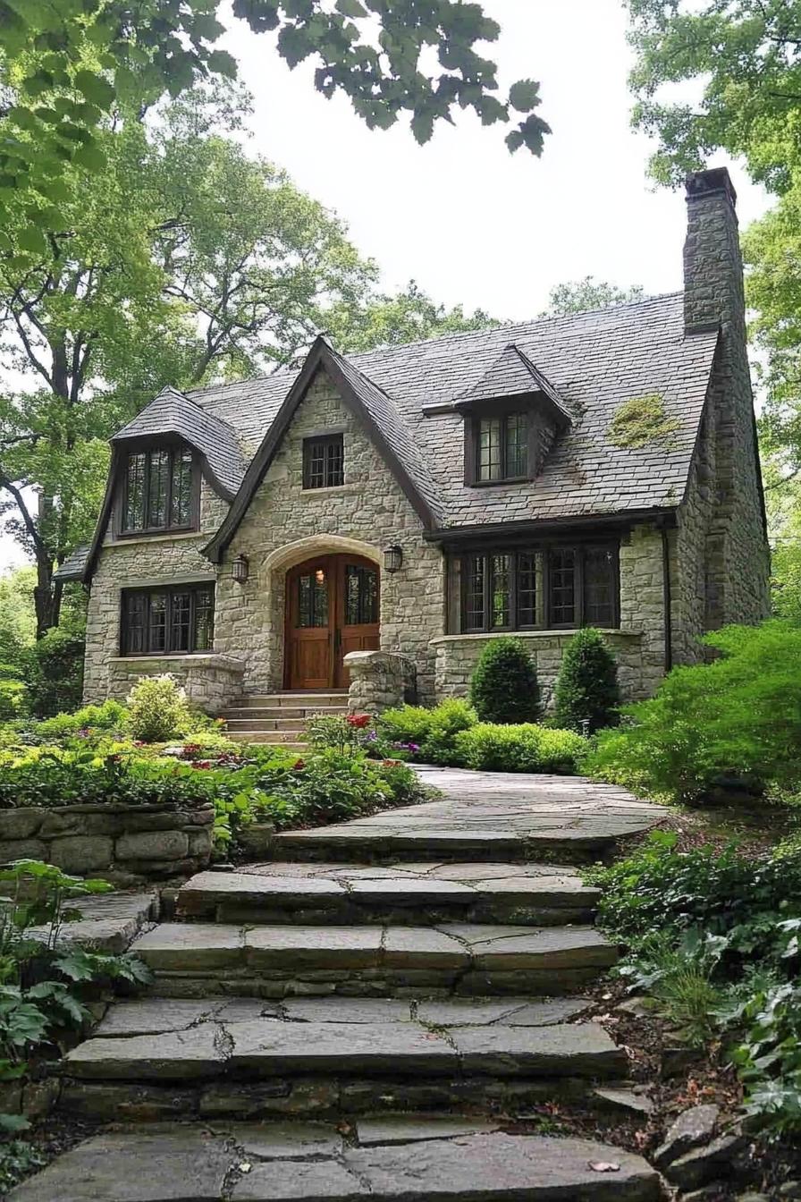 Charming stone cottage surrounded by lush greenery