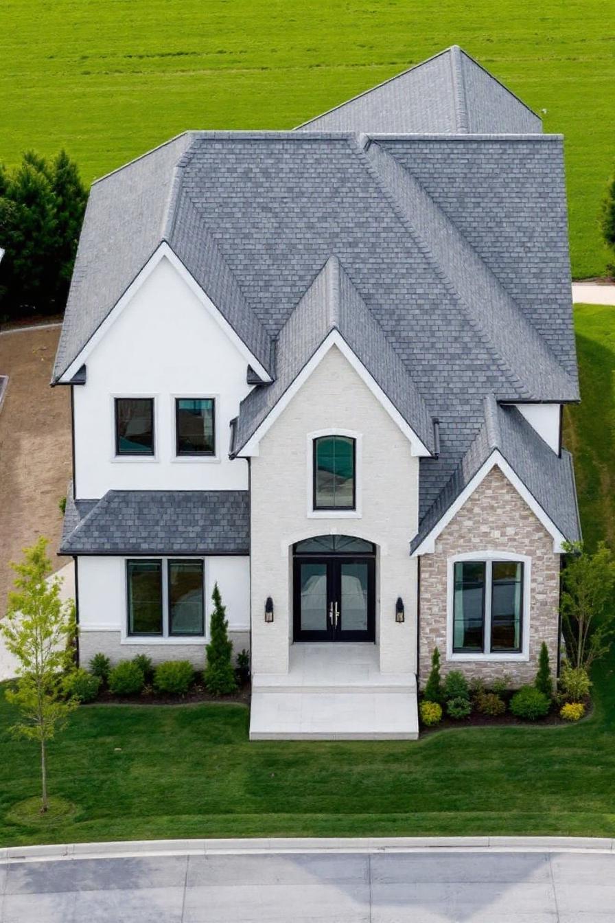 Traditional suburban house with stone and white facade