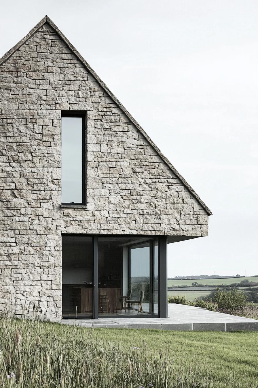 Stone cottage with a steep gable roof and large glass windows in the countryside