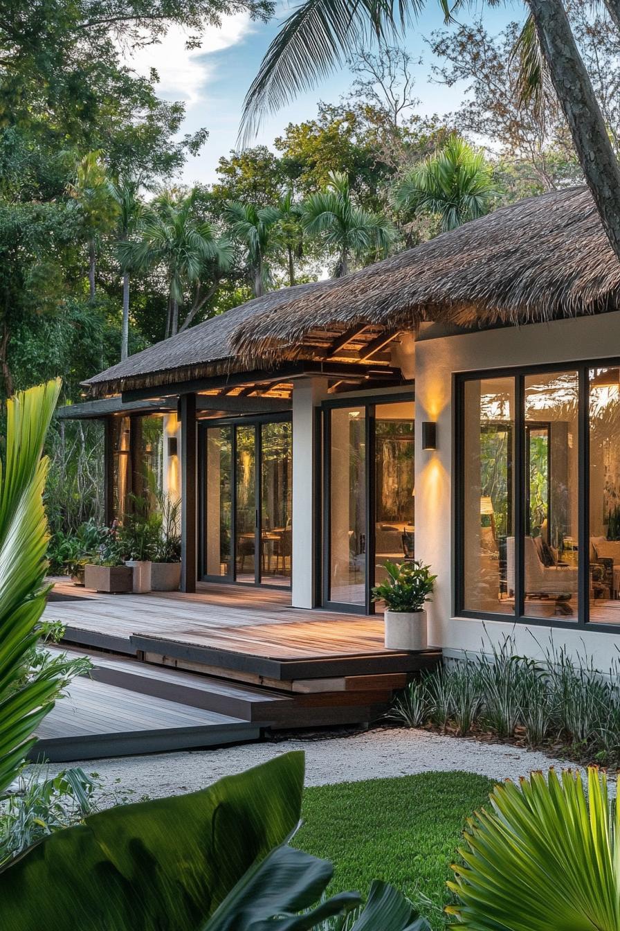 Tropical bungalow with thatched roof and glass doors