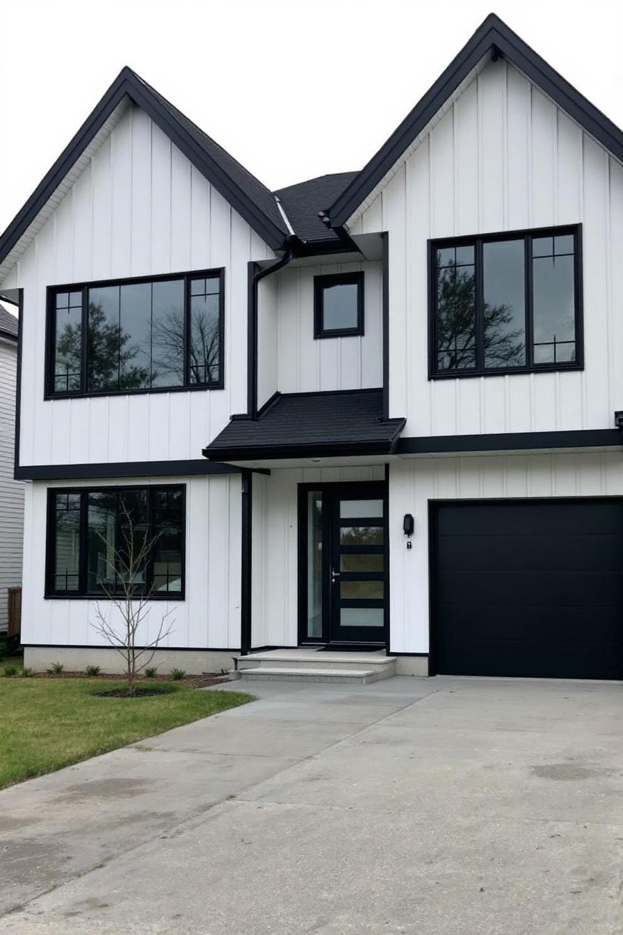 Two-story white house with striking black features