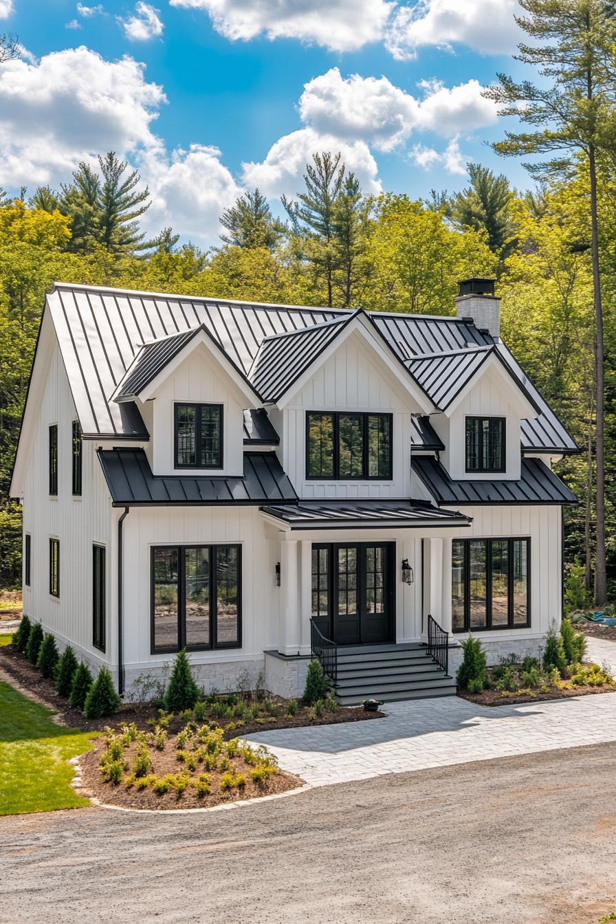 White house with black trim surrounded by trees