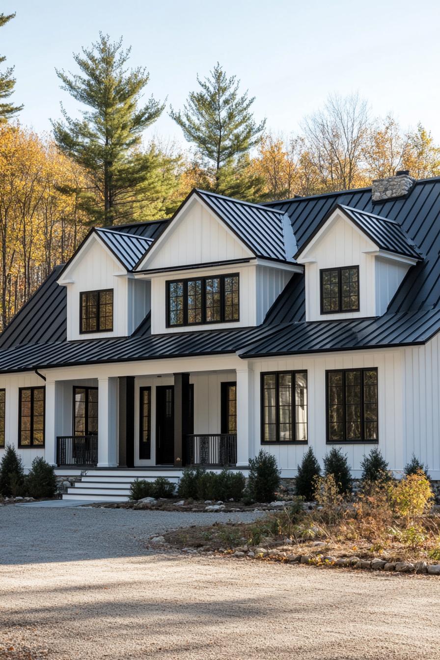 White house with striking black trim in a forested setting