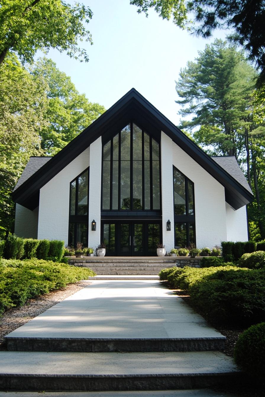 White house with prominent black roof and trim