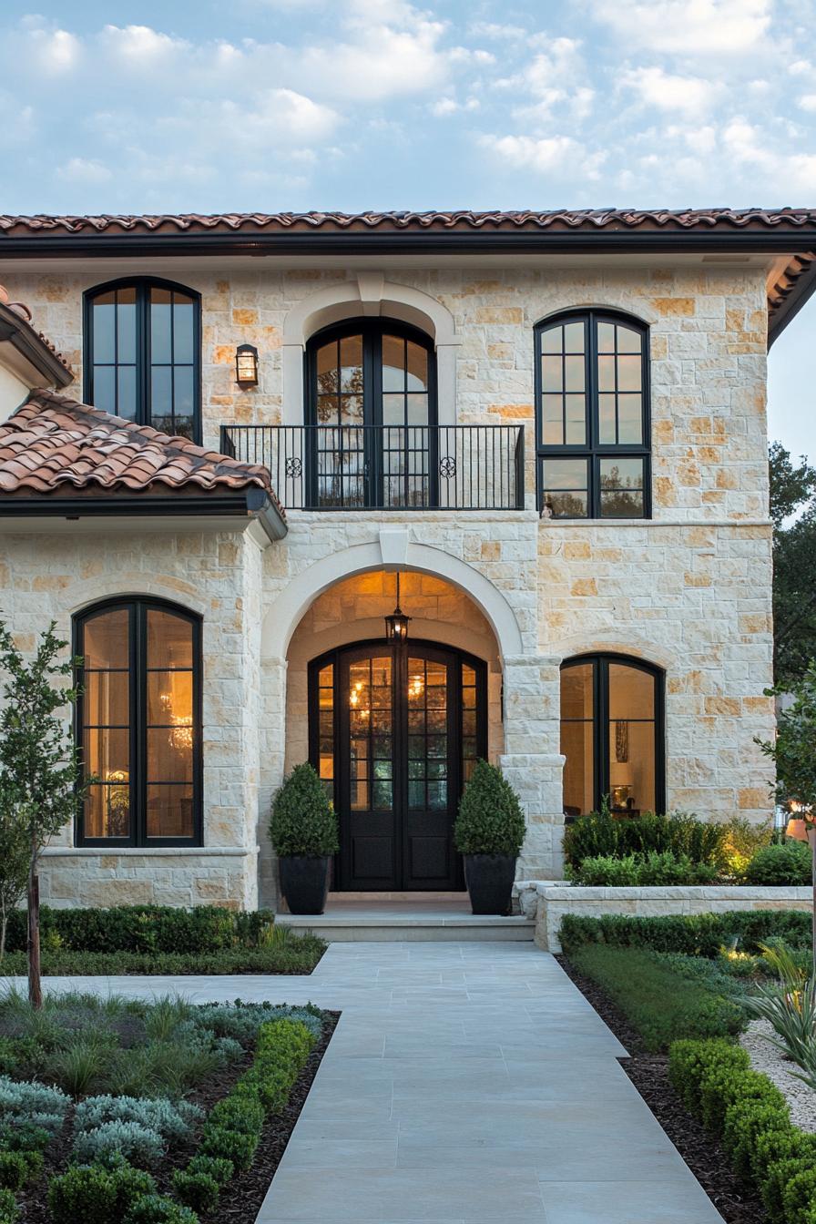 Stone house with dark-framed windows and a lovely balcony