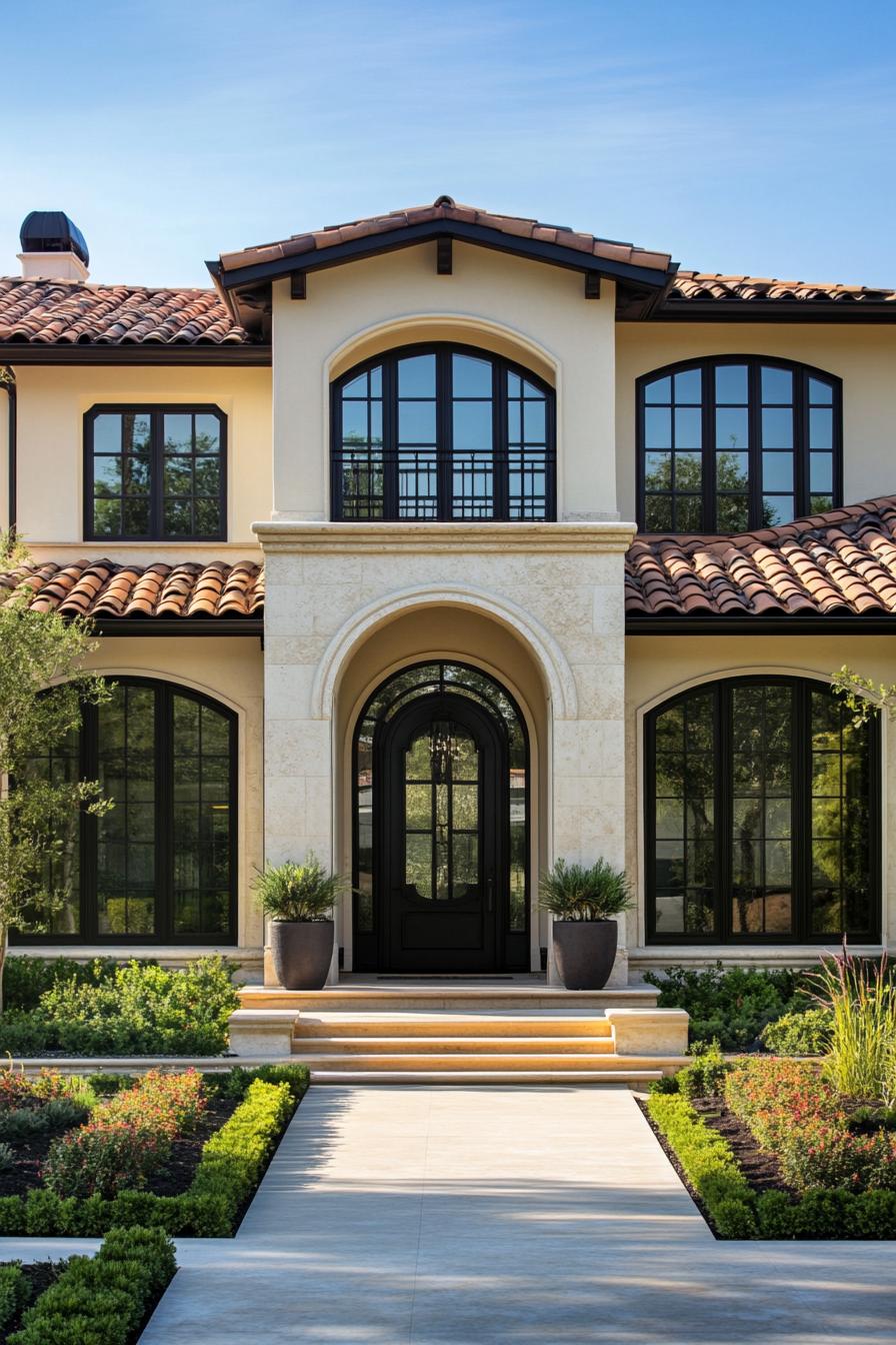 Elegant arched entrance of a Mediterranean-style home with lush landscaping