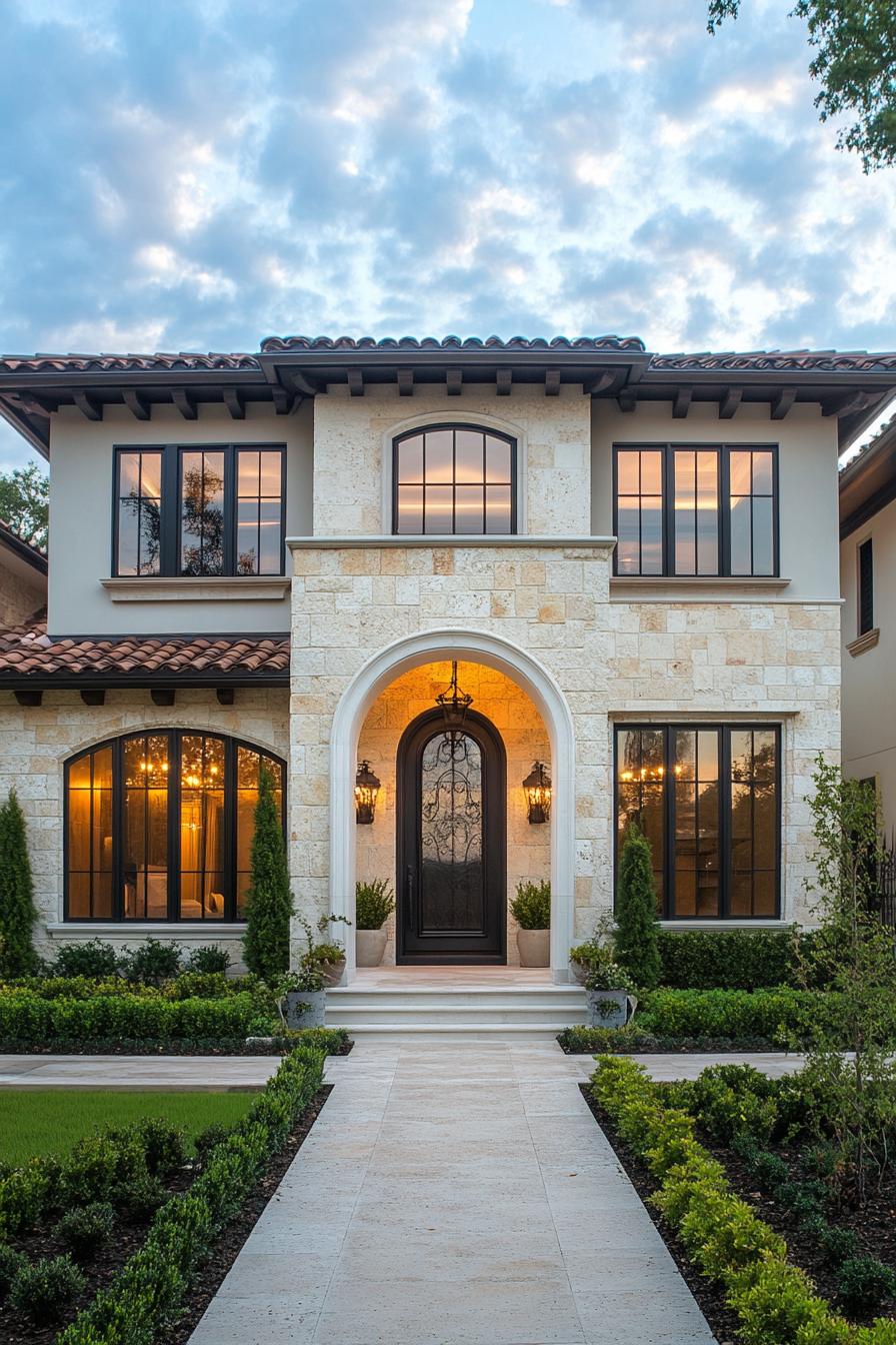 Two-story house with stone facade and arched doorway at dusk