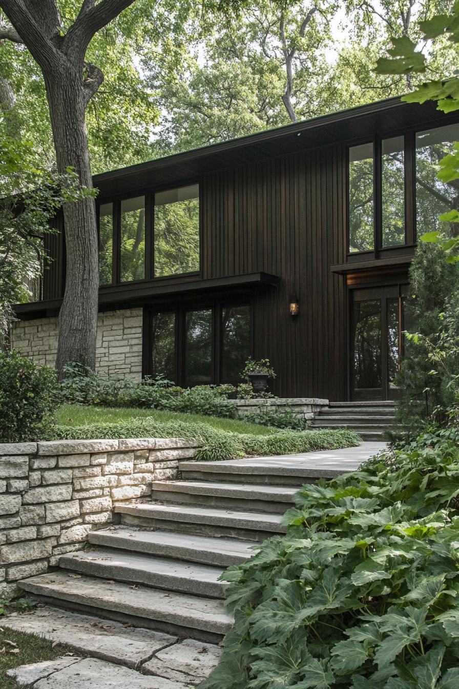 Modern house with dark wooden facade and large windows surrounded by trees