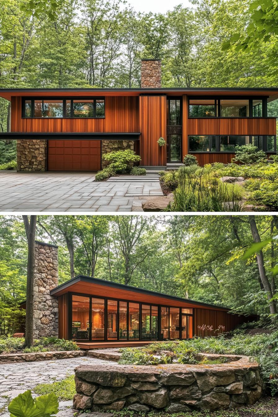 Mid-century modern house with stone and wood elements in a forest setting