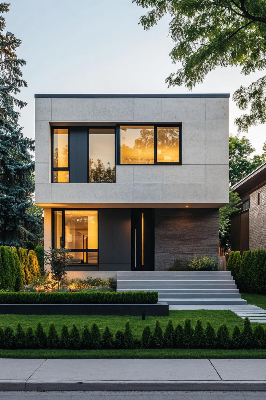 Modern minimalist house with illuminated windows